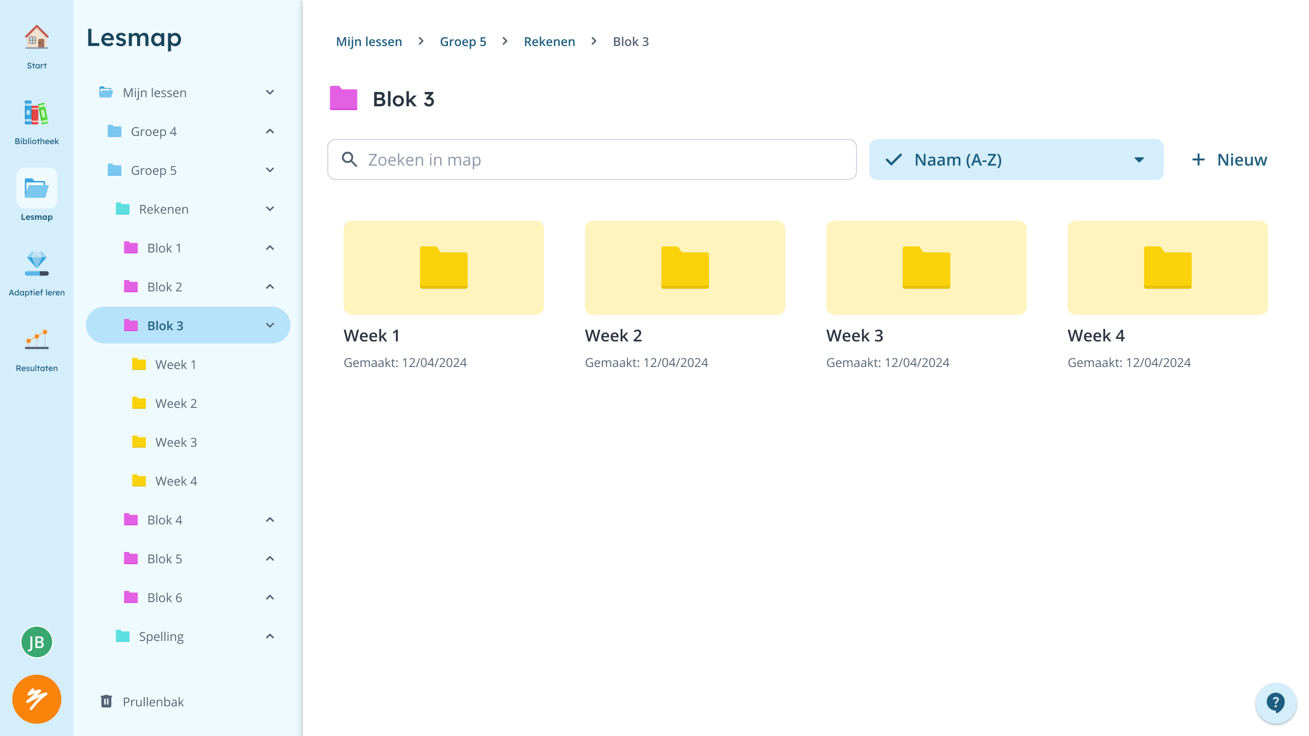 Secondary navigation showing a lesson folder tree structure